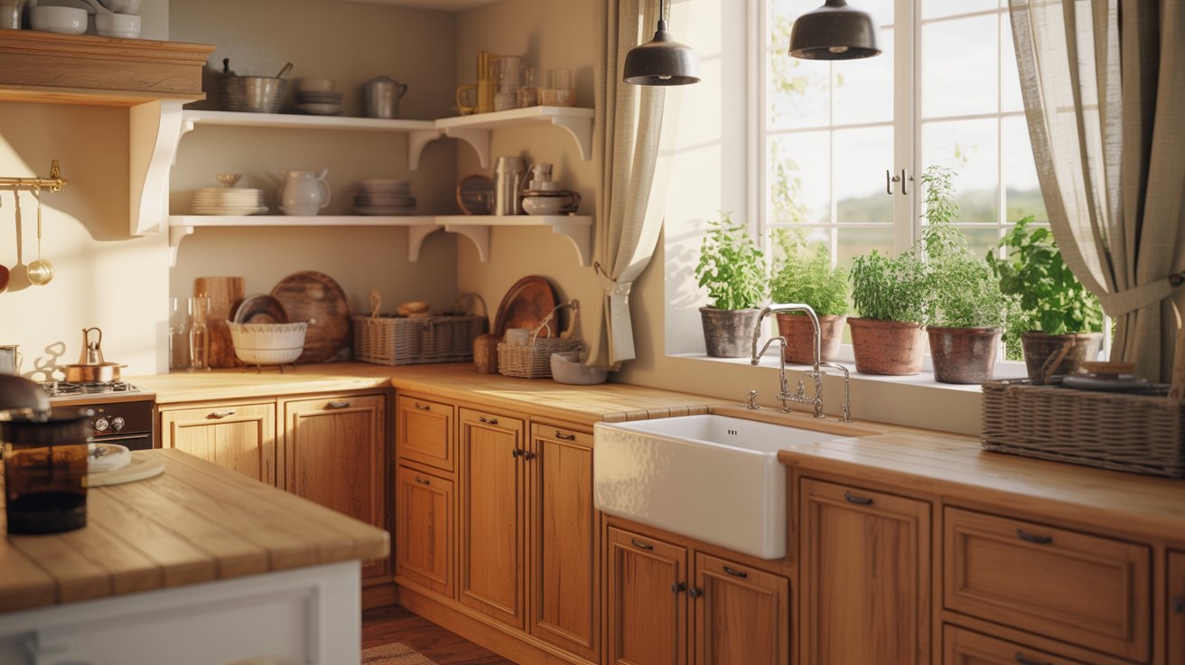 Sunlit farmhouse kitchen featuring natural oak cabinets and warm beige wall paint.