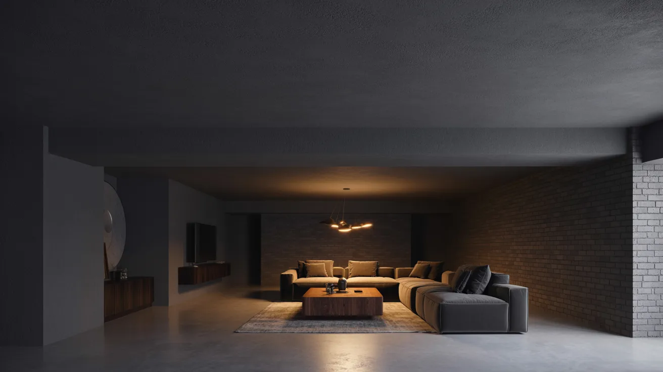 Black painted basement ceiling creating depth and mood with focused lighting enhancing cozy modern interior atmosphere design.