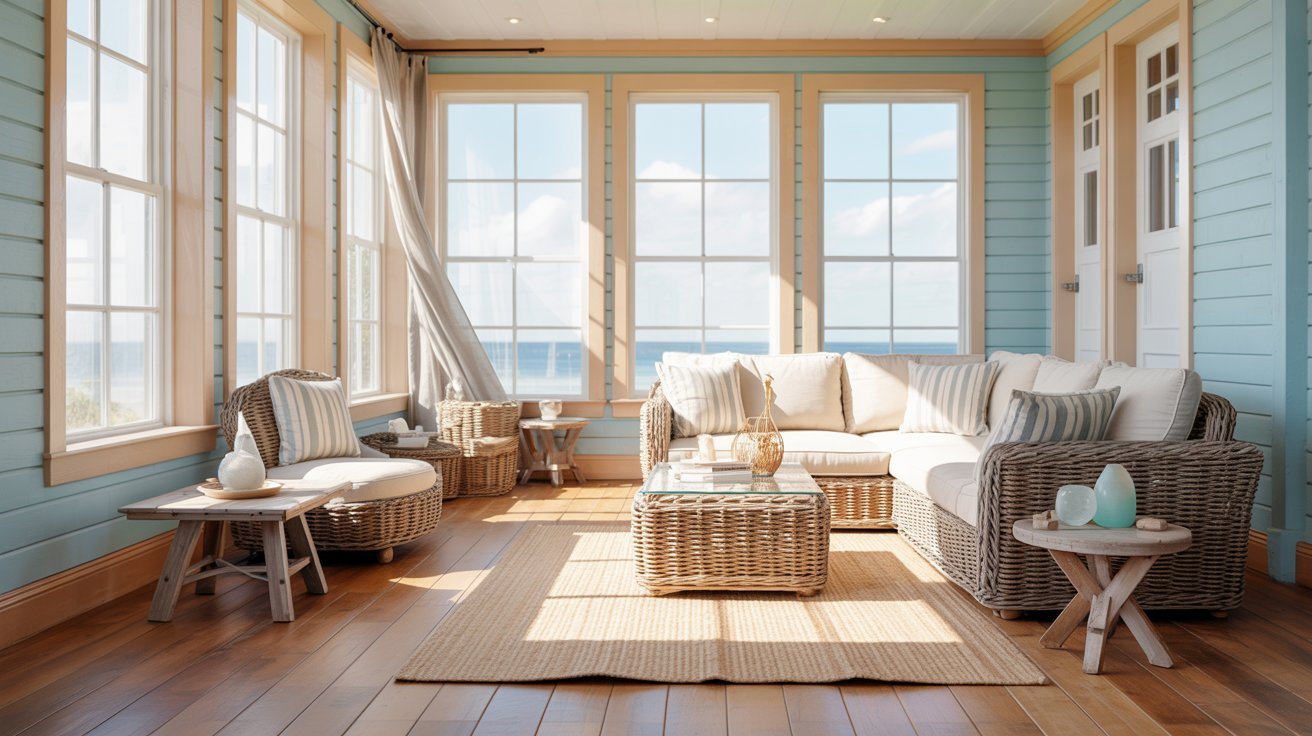 Sunroom decorated with sky blue walls, sandy beige accents, and coastal furnishings.