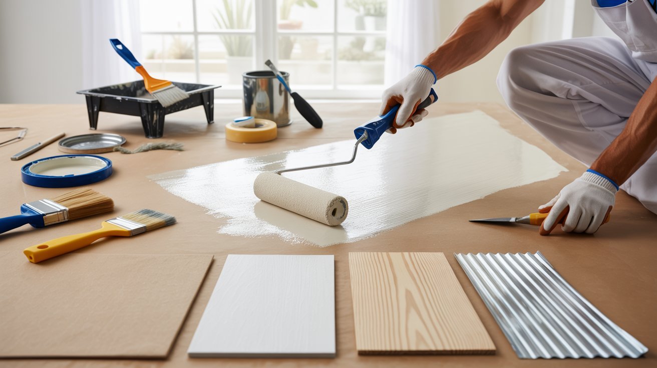 Rolling primer on sample boards, test cure times on surfaces before painting walls.