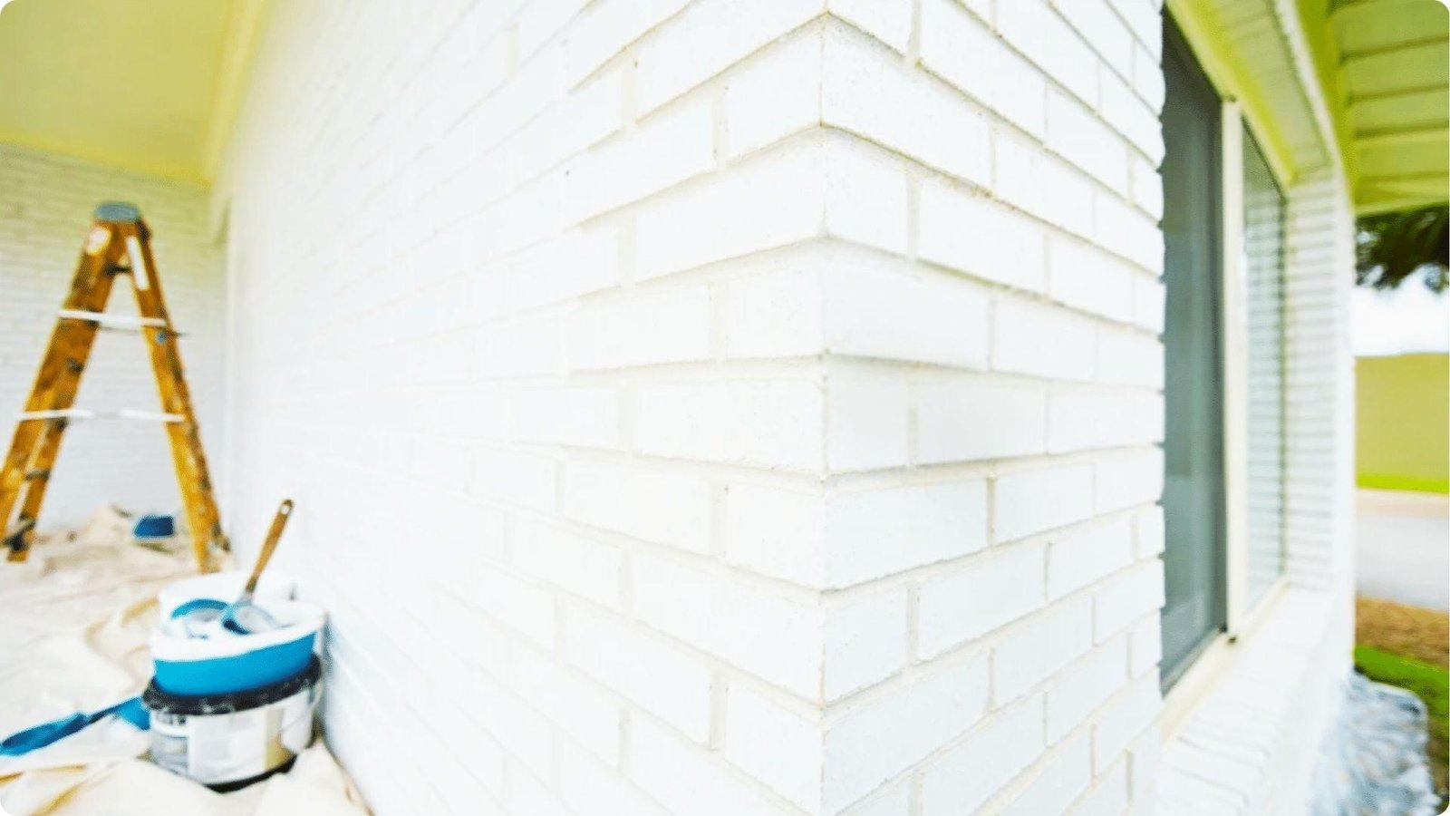 Close-up of a bright whitewashed brick wall on a house exterior with painting supplies nearby.