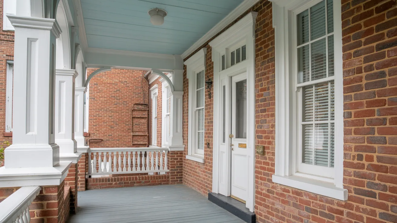 porch with haint blue ceiling coordinated with siding brick and trim showing balanced color palette and proper exterior paint matching.