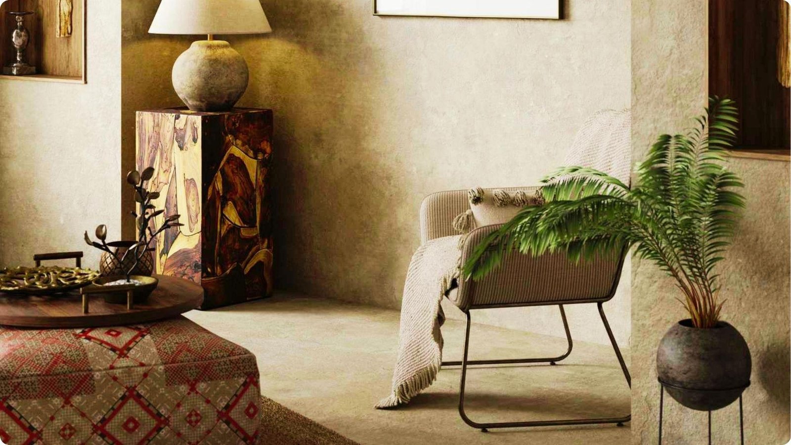 Warm limewash faux finish creates a soft, sun-aged plaster texture on a living room wall.