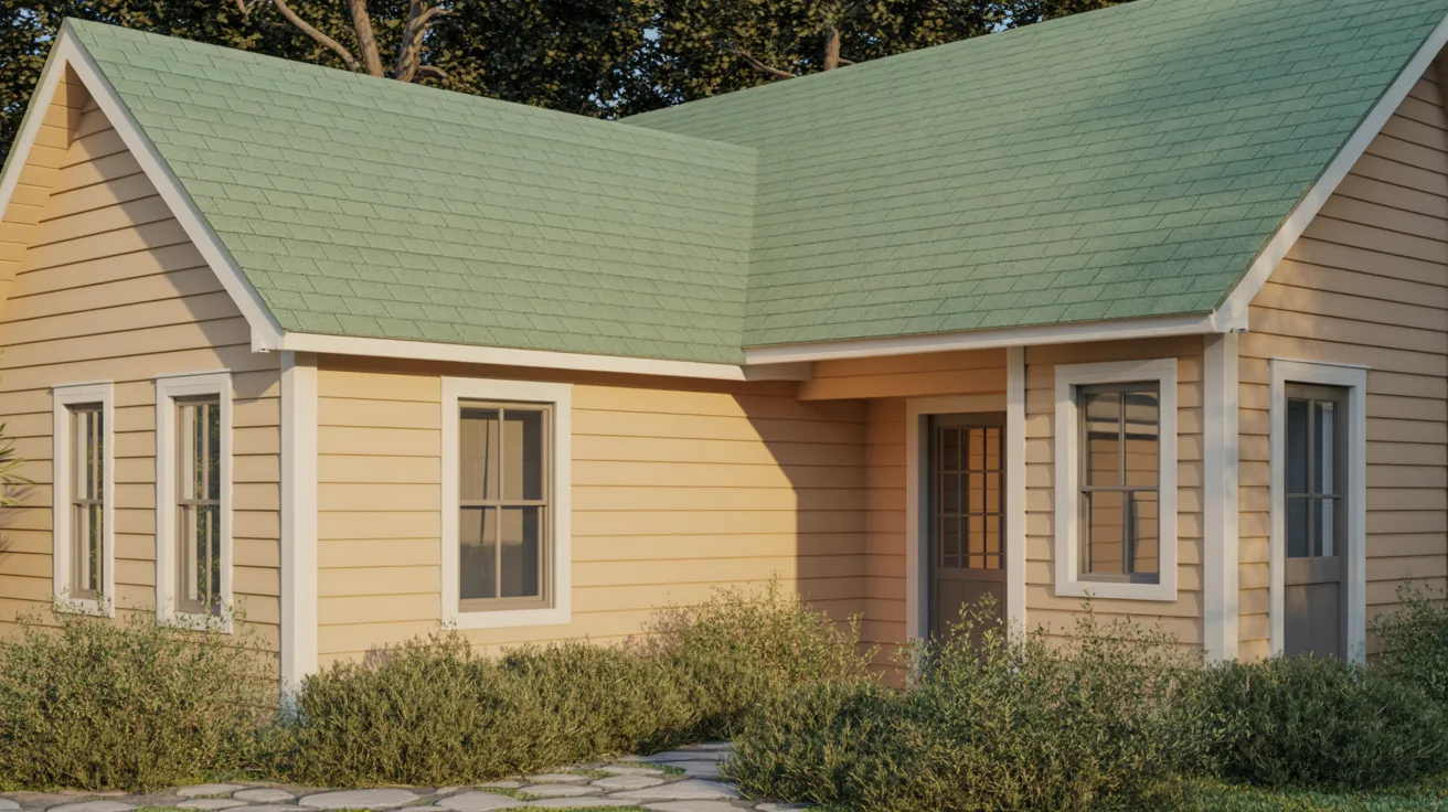 house with green painted roof and brown walls blending into natural surroundings creating earthy grounded and visually cohesive exterior appearance.