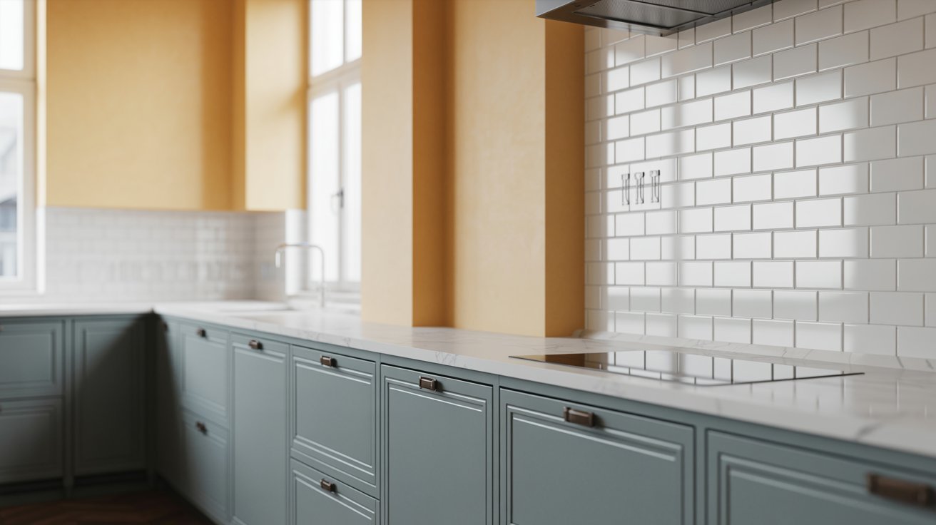 Modern kitchen with grey cabinets and cream walls, creating a warm, timeless, and inviting interior.