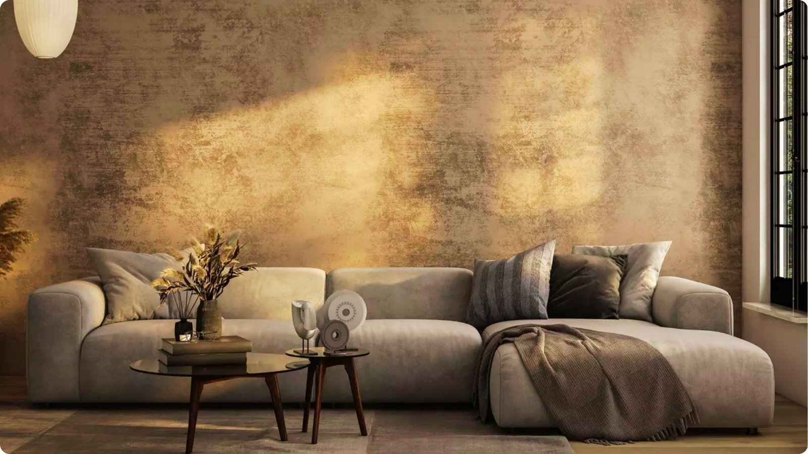 Warm, sunlit living room with metallic suede faux finish in antique gold tones.
