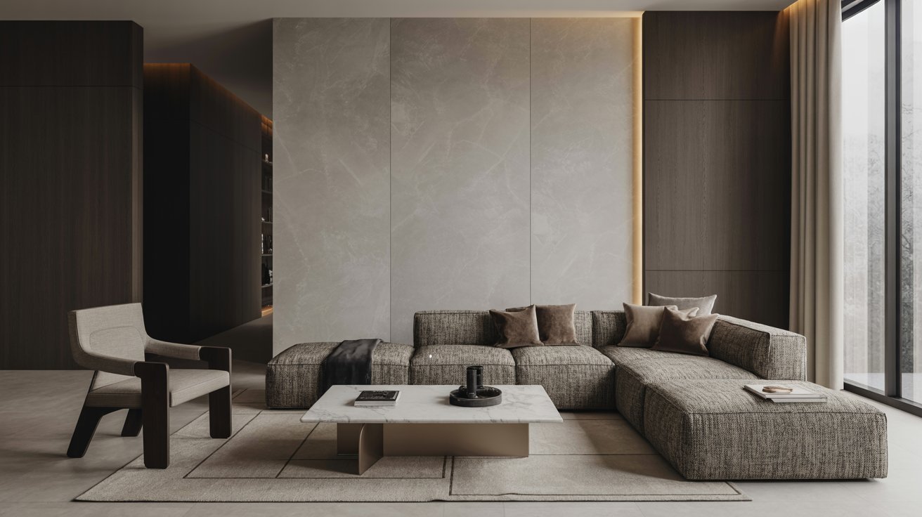 Living room designed with multiple shades of gray for a layered monochromatic look.