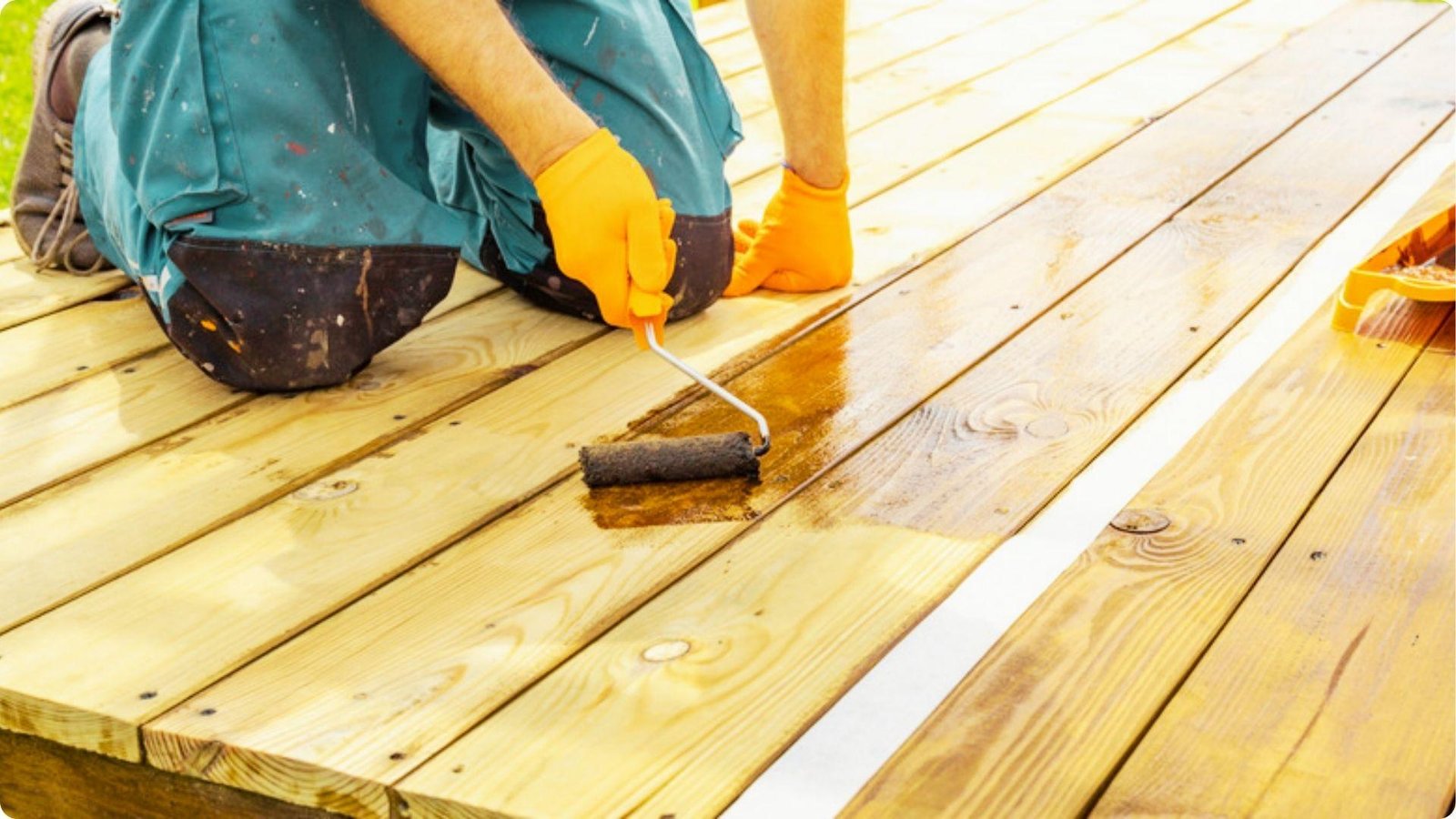A person in yellow gloves and work pants uses a small roller to stain new decking.
