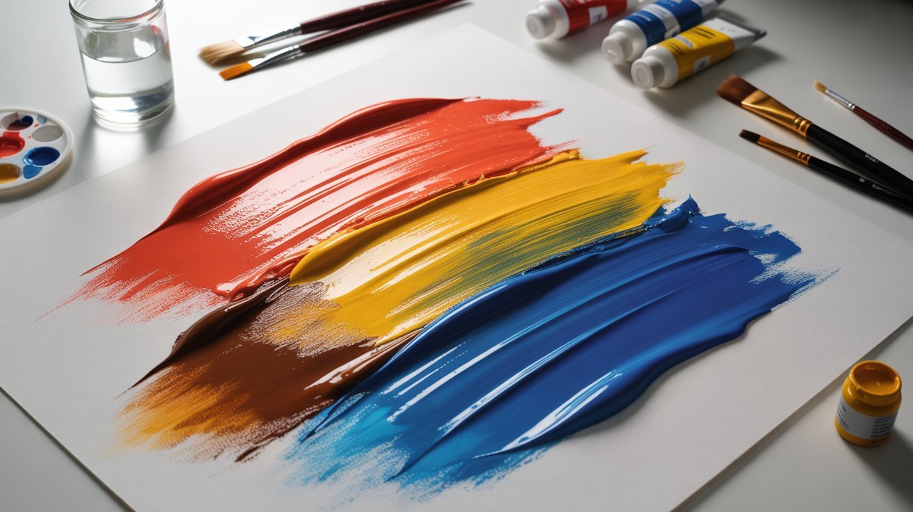 Red, yellow, and blue paints blended together to form brown paint.
