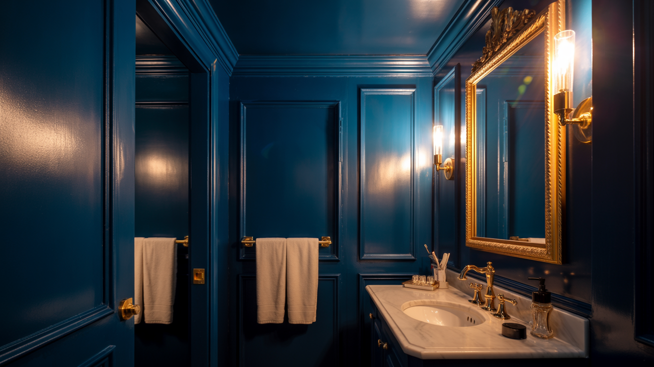 Dark navy bathroom with matching ceiling and classy gold fixtures.