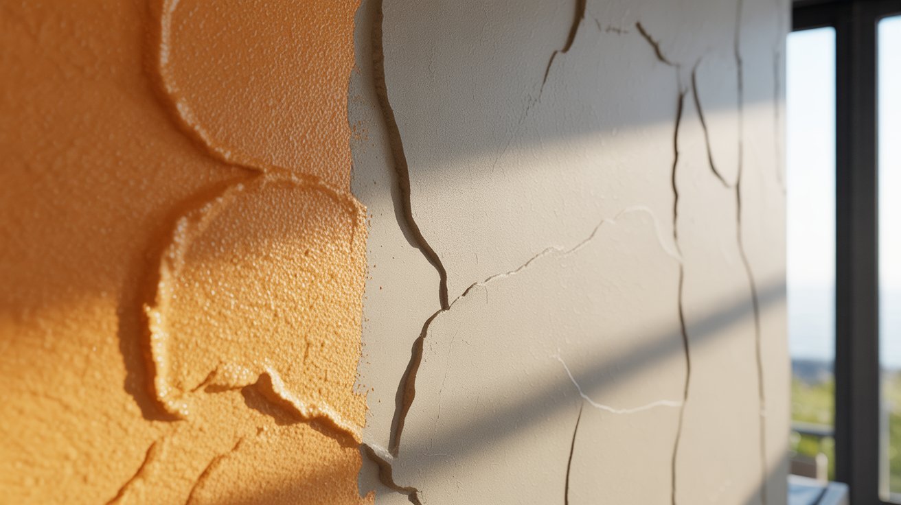 Close up view of different paint texture finishes on interior walls.