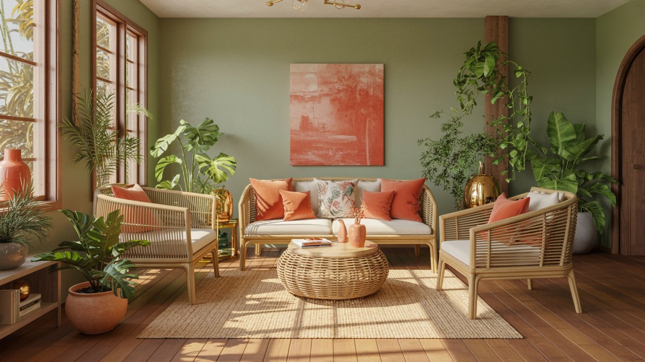 Living room with green walls, coral accents, and tropical-influenced furnishings.