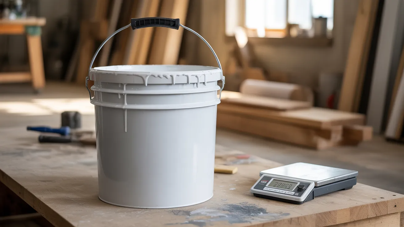 Full 5-gallon paint bucket placed on a workshop floor showing its size and weight.