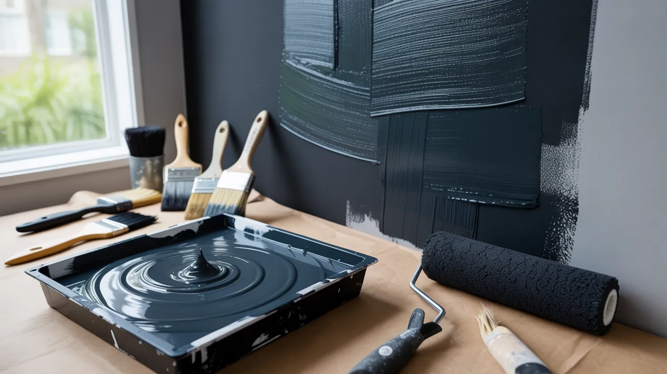 clean interior wall painted deep black using mixed colors with paint tray brushes and smooth matte finish under soft lighting.