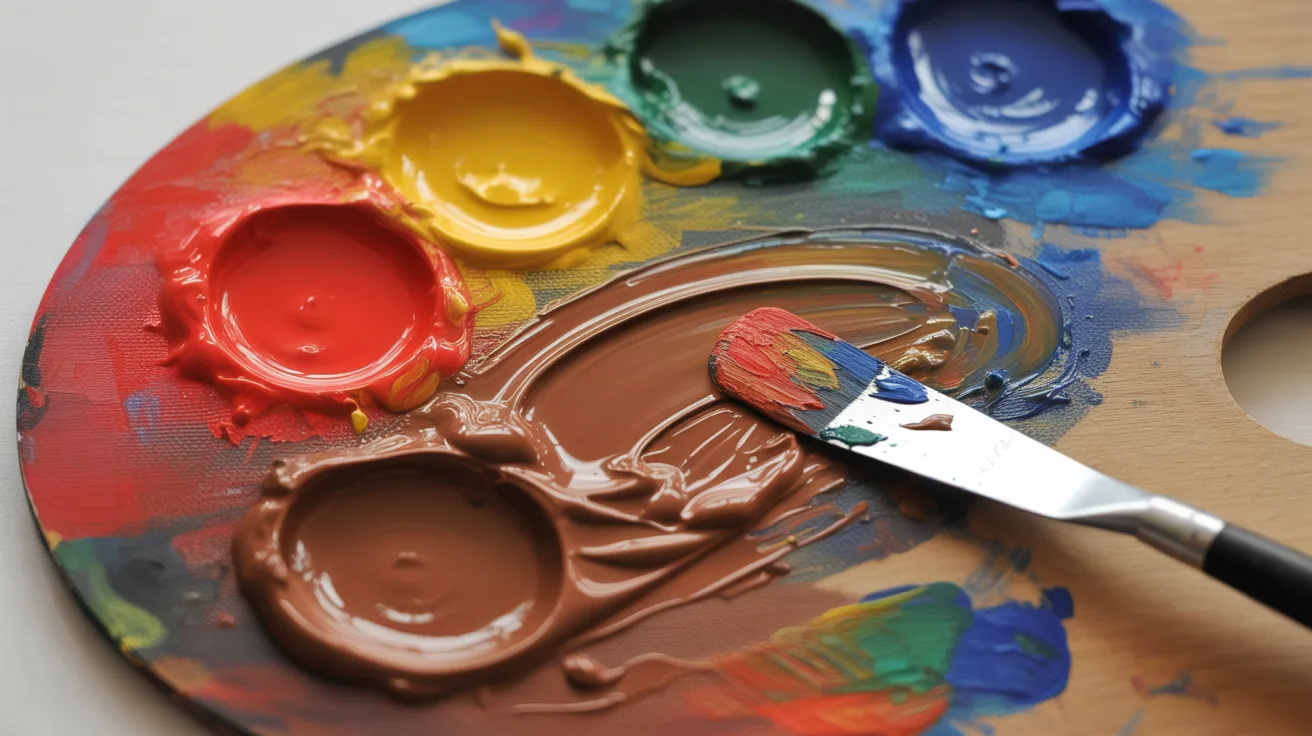 Primary colors red, yellow, and blue mixed together to create brown paint.