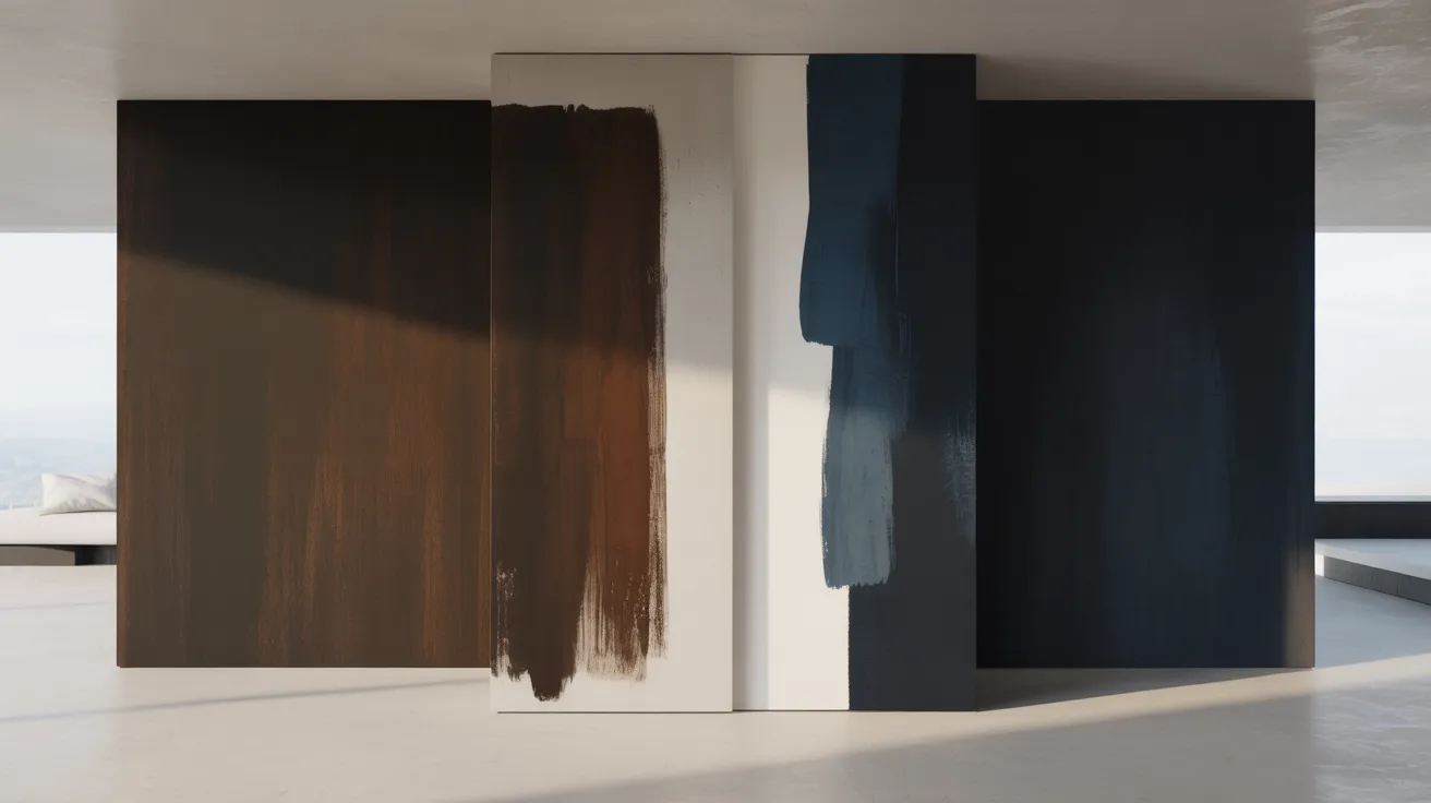 split wall showing warm brown toned black and cool blue toned black paint differences under soft indoor lighting.