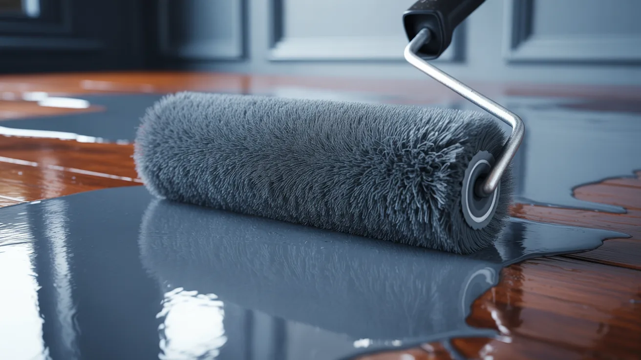 Mohair roller applying smooth high gloss paint on wooden door with glossy reflective finish.