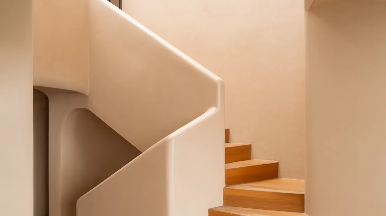 staircase with railing matching wall color creating seamless monochrome look smooth visual flow and minimalist modern interior design.