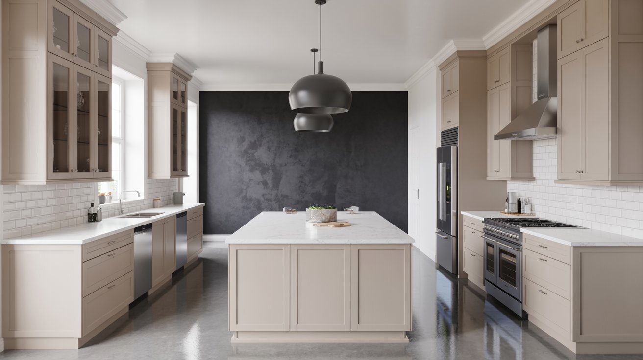 Modern kitchen with grey cabinets and a charcoal accent wall, creating a bold and proper contemporary look.