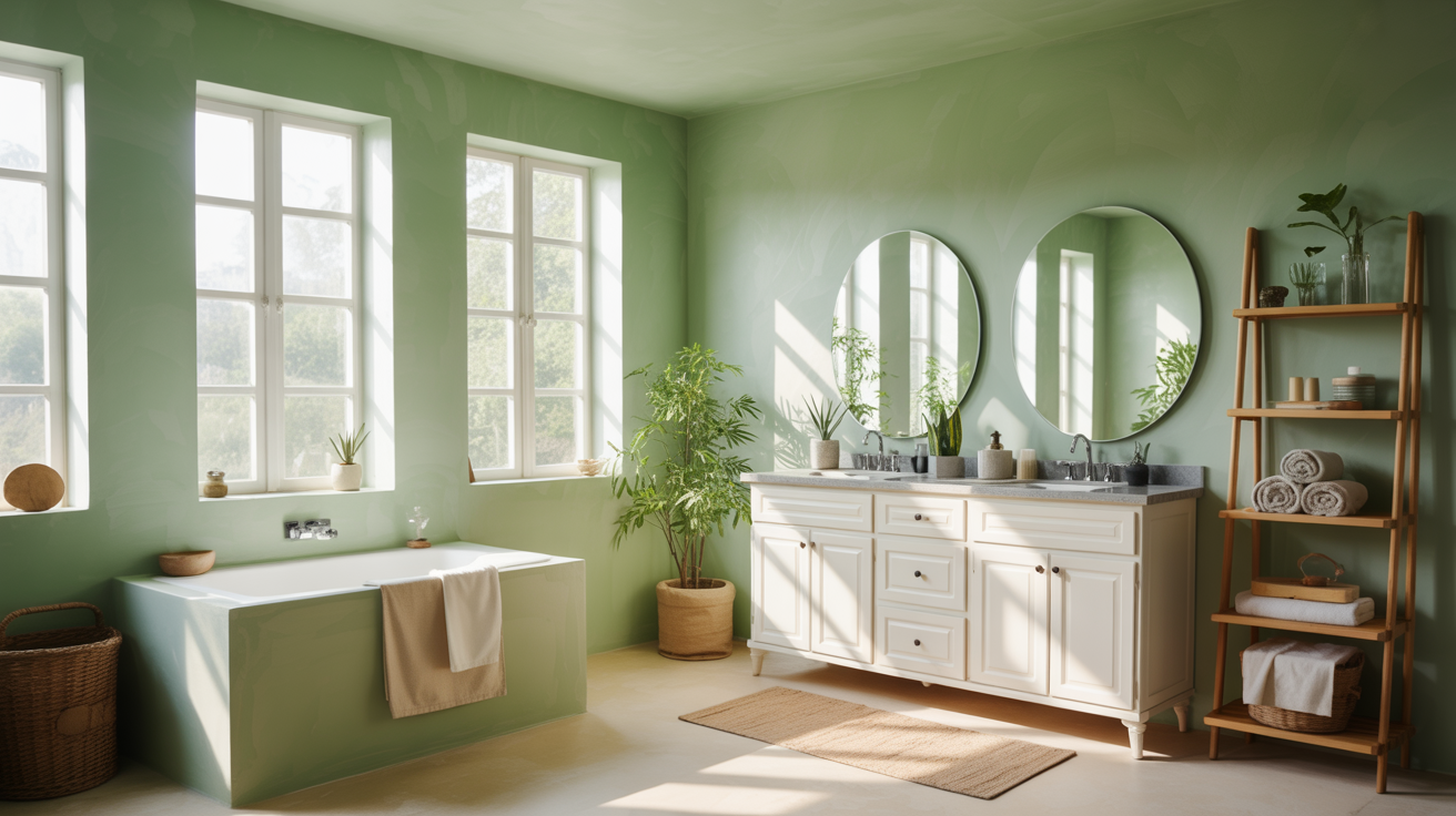 age green bathroom with matching ceiling creating a relaxing spa-like atmosphere