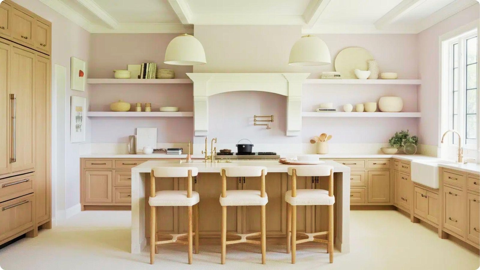 Classy farmhouse kitchen featuring soft mauve wall paint and light white oak cabinets.