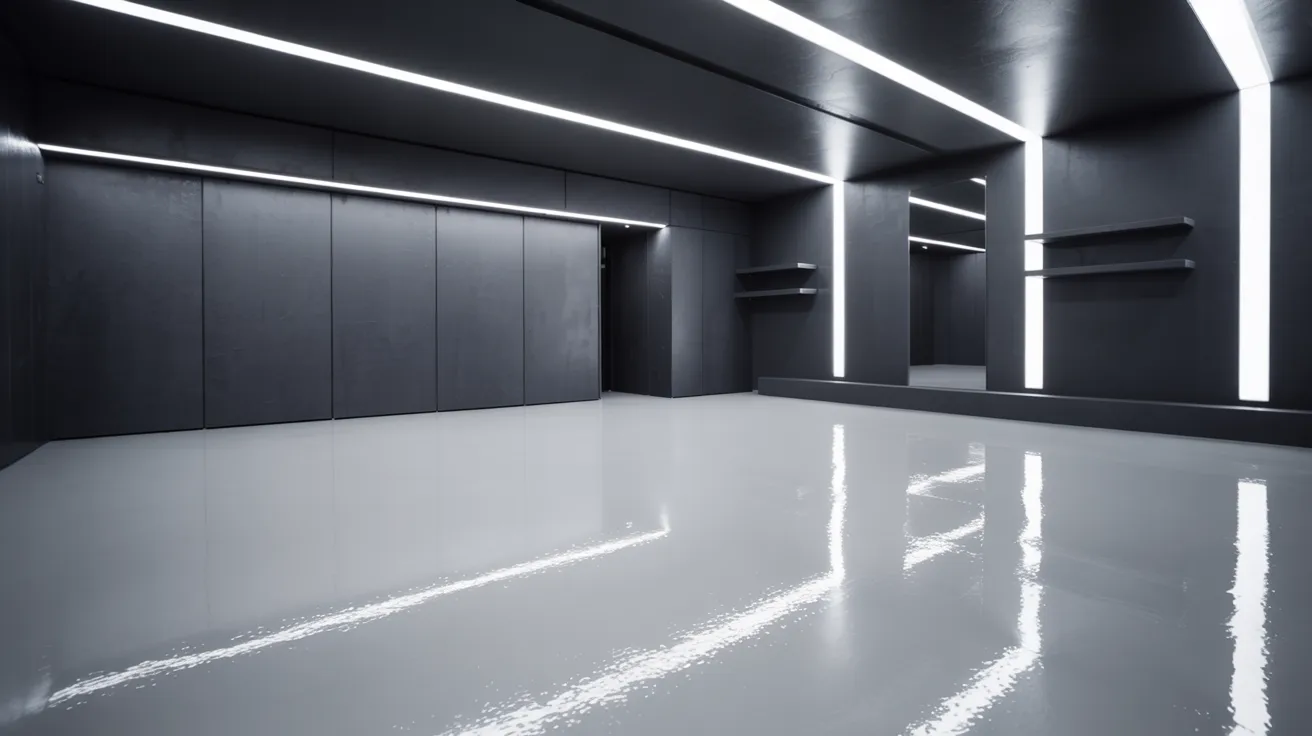 garage with black walls creating a high contrast luxury look improved by bright lighting and reflective flooring.