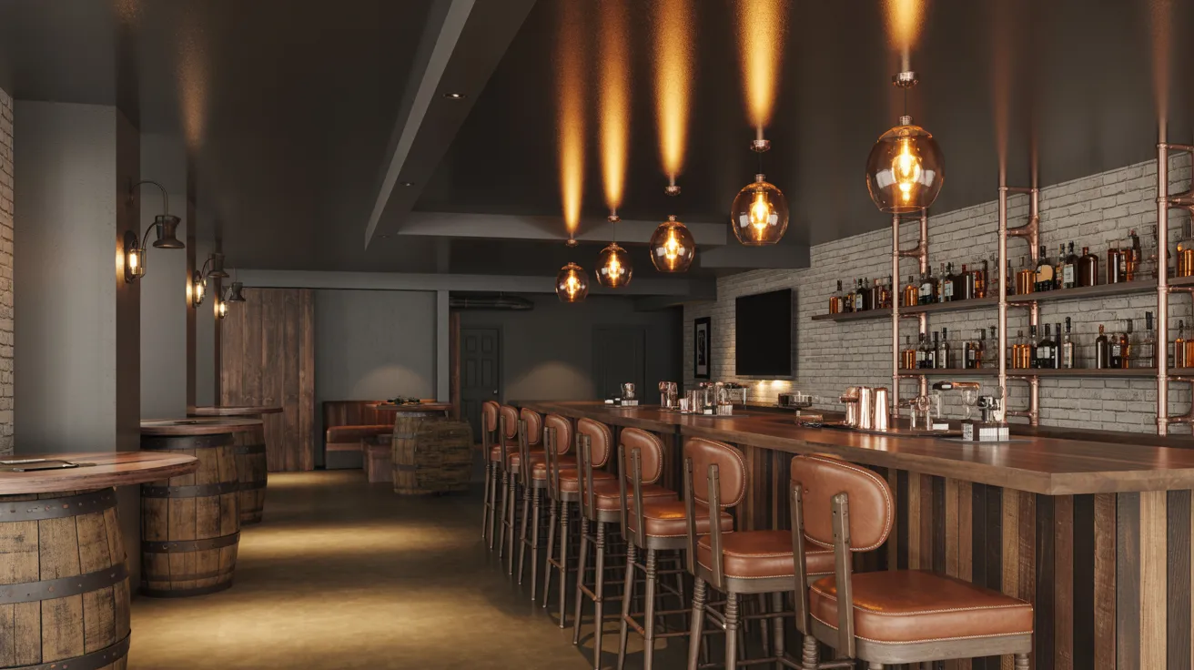Basement bar with black ceiling creating cozy pub atmosphere with warm lighting and industrial modern interior design style.