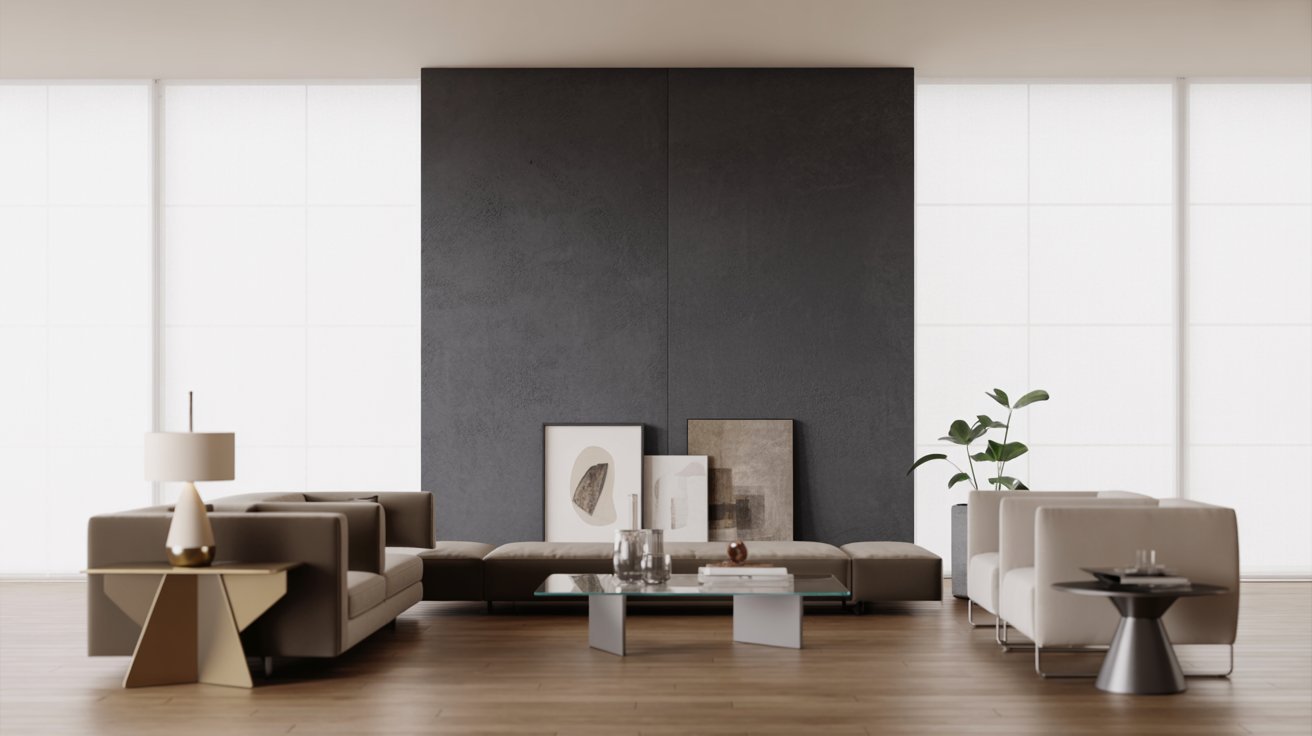 Modern living room with charcoal gray and white wall color scheme.