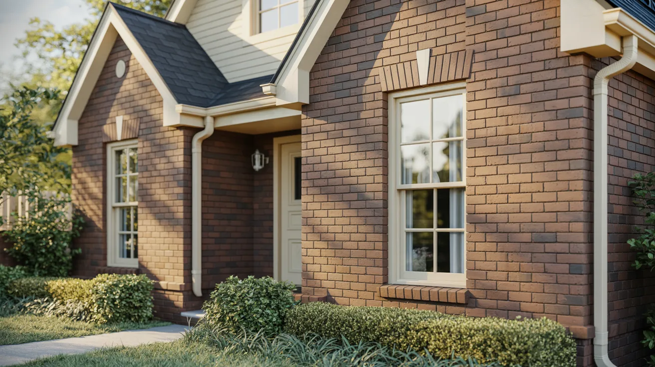 brown brick home with warm white paint accents creating a classic clean and timeless exterior look.