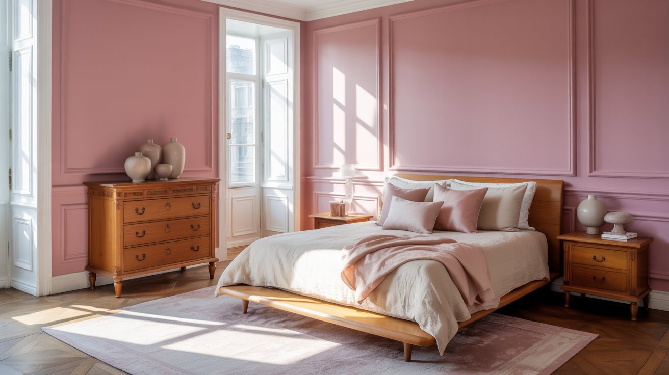 Bedroom with dusty pink walls, white trim, and warm wood furniture.