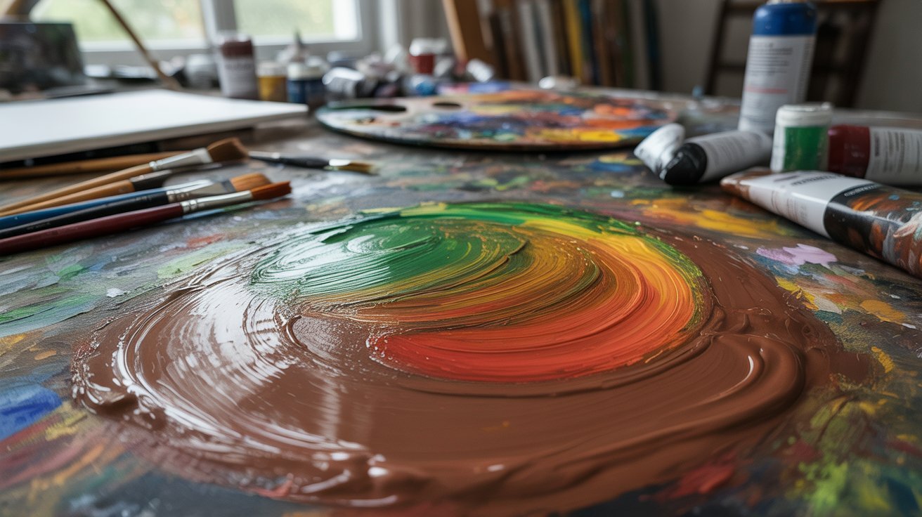 Green and red paint blended together to create earthy brown paint.