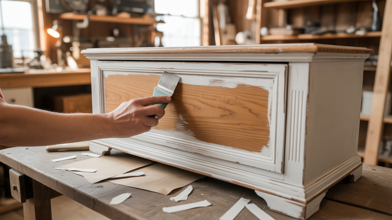 Removing chalk paint from a wooden dresser to reveal natural wood grain.
