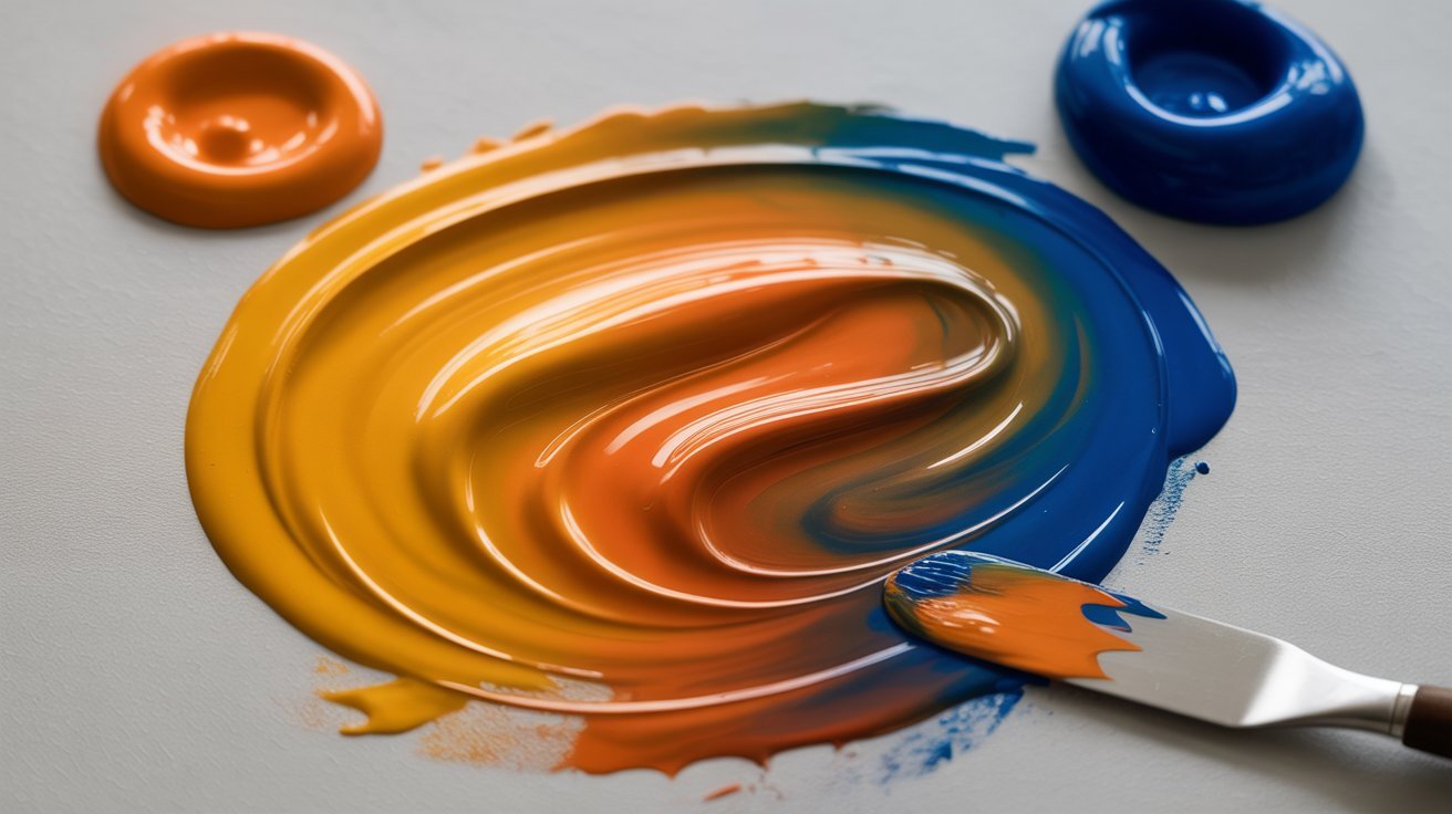 Orange and blue paint mixed together to create warm brown paint.