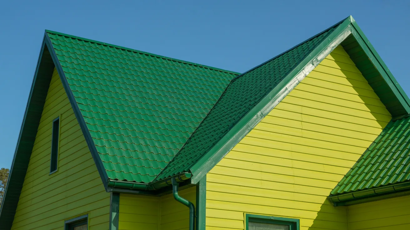 house with green painted roof and bright yellow or neon walls showing clashing colors creating overly bold and unbalanced exterior appearance.
