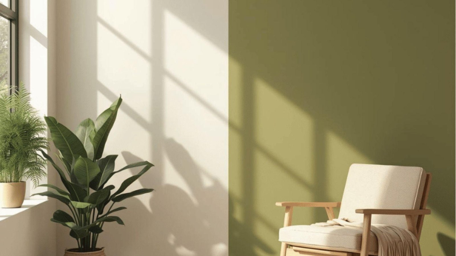 Vertical two tone wall in Green and Off-White with window shadows behind wooden chair and plants.