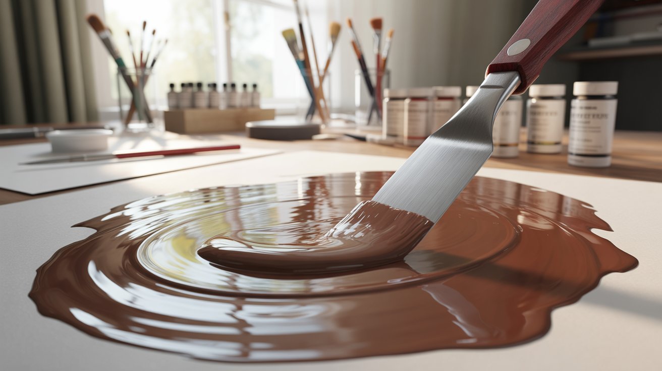 Palette knife smoothly mixing acrylic brown paint on an artist palette.