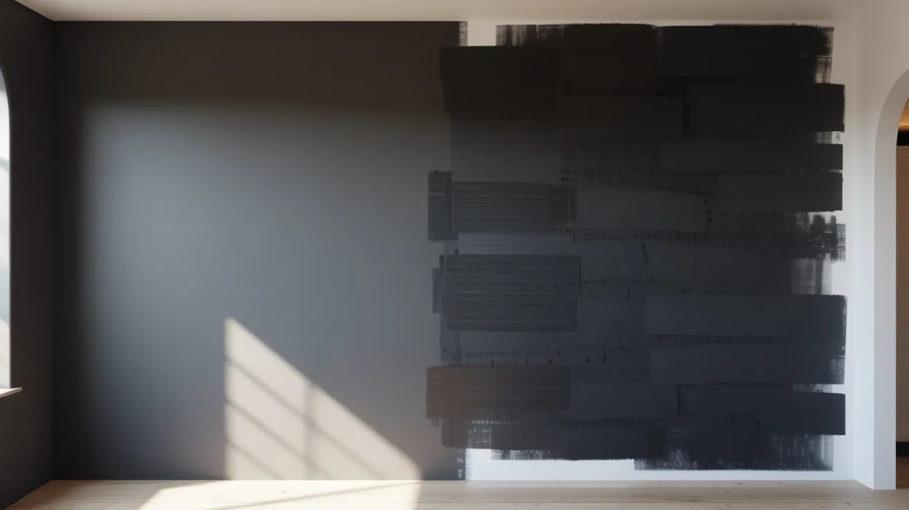 comparison of flat black paint versus rich custom mixed black on interior wall showing depth tone difference under soft lighting.