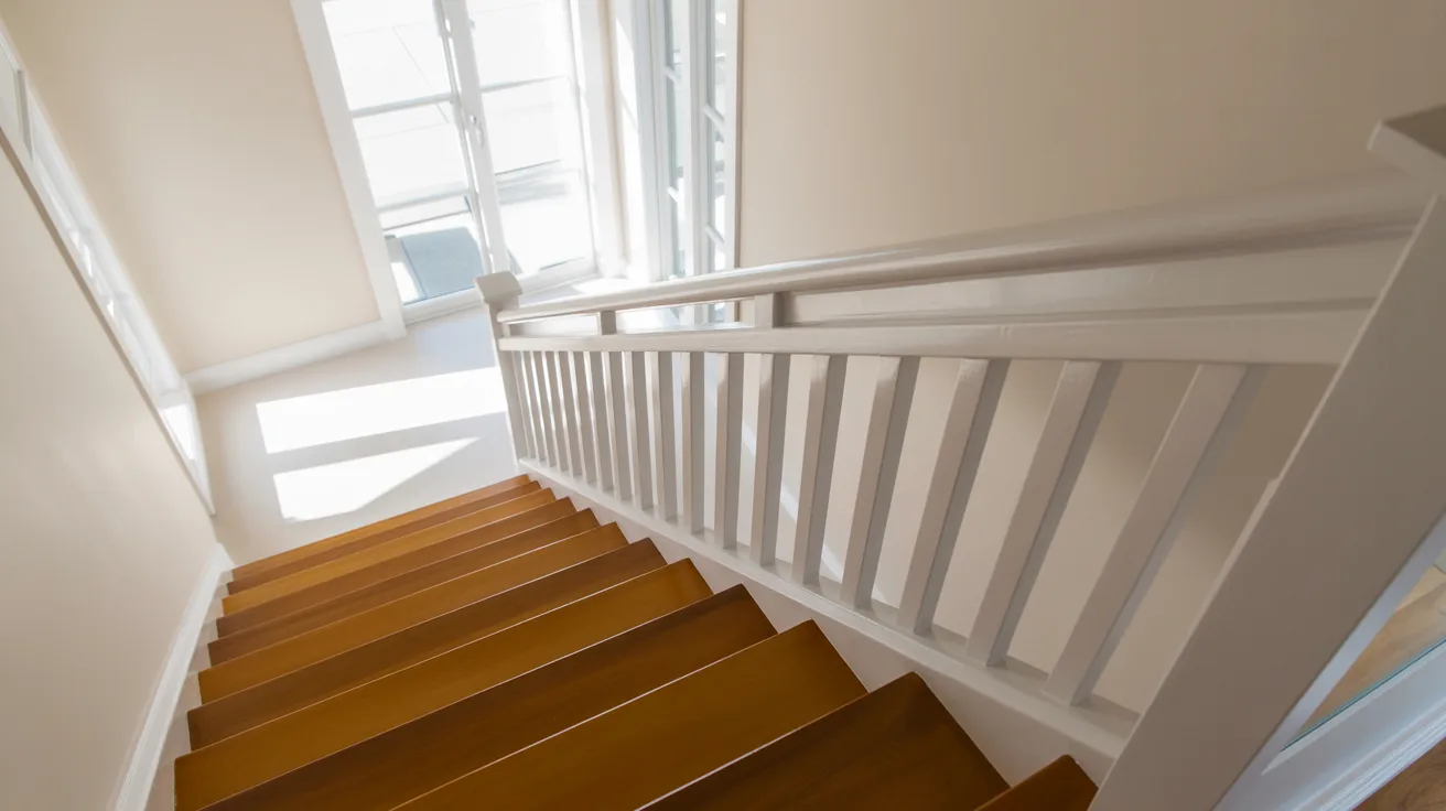 staircase with crisp white railings and wooden steps creating clean classy modern interior look with bright airy natural lighting.