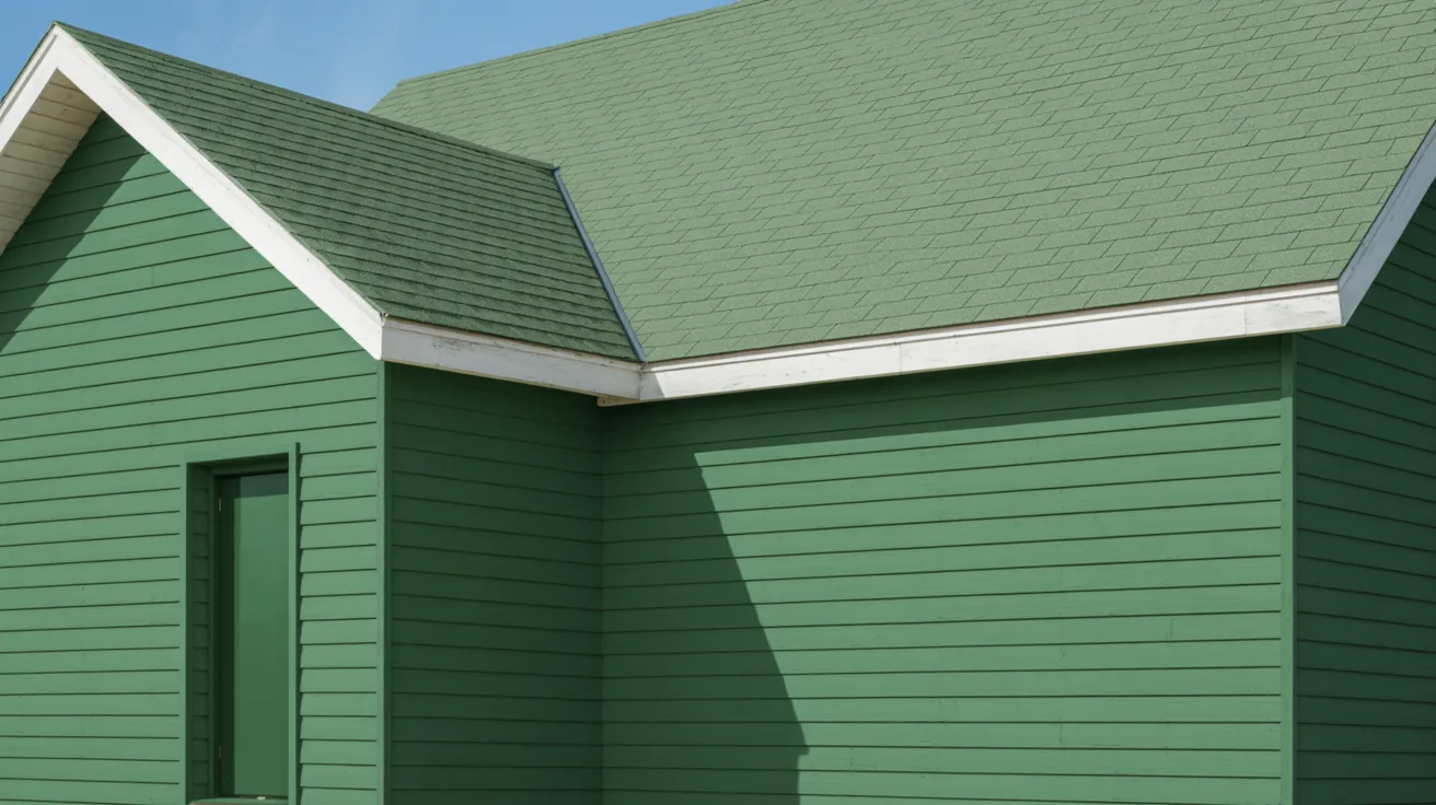 house with green painted roof and matching green walls creating flat look with low contrast improved slightly with white trim accents added