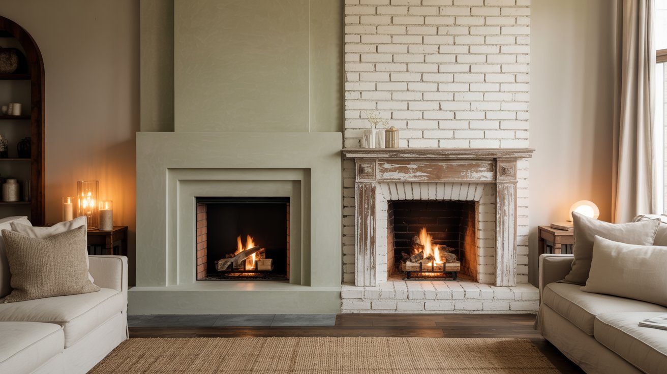 Modern limewash fireplace and rustic whitewash fireplace comparison.