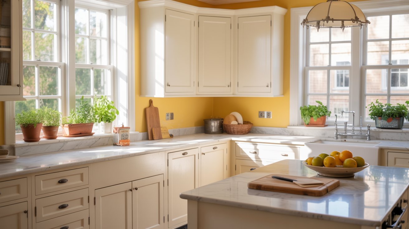 Bright kitchen with yellow walls and white cabinets.