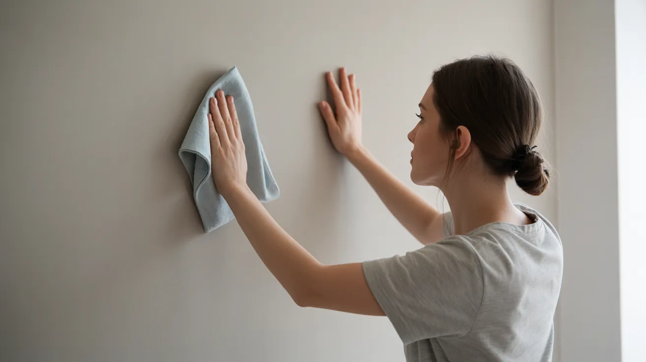 A person gently cleaning a flat matte painted wall with a soft damp cloth