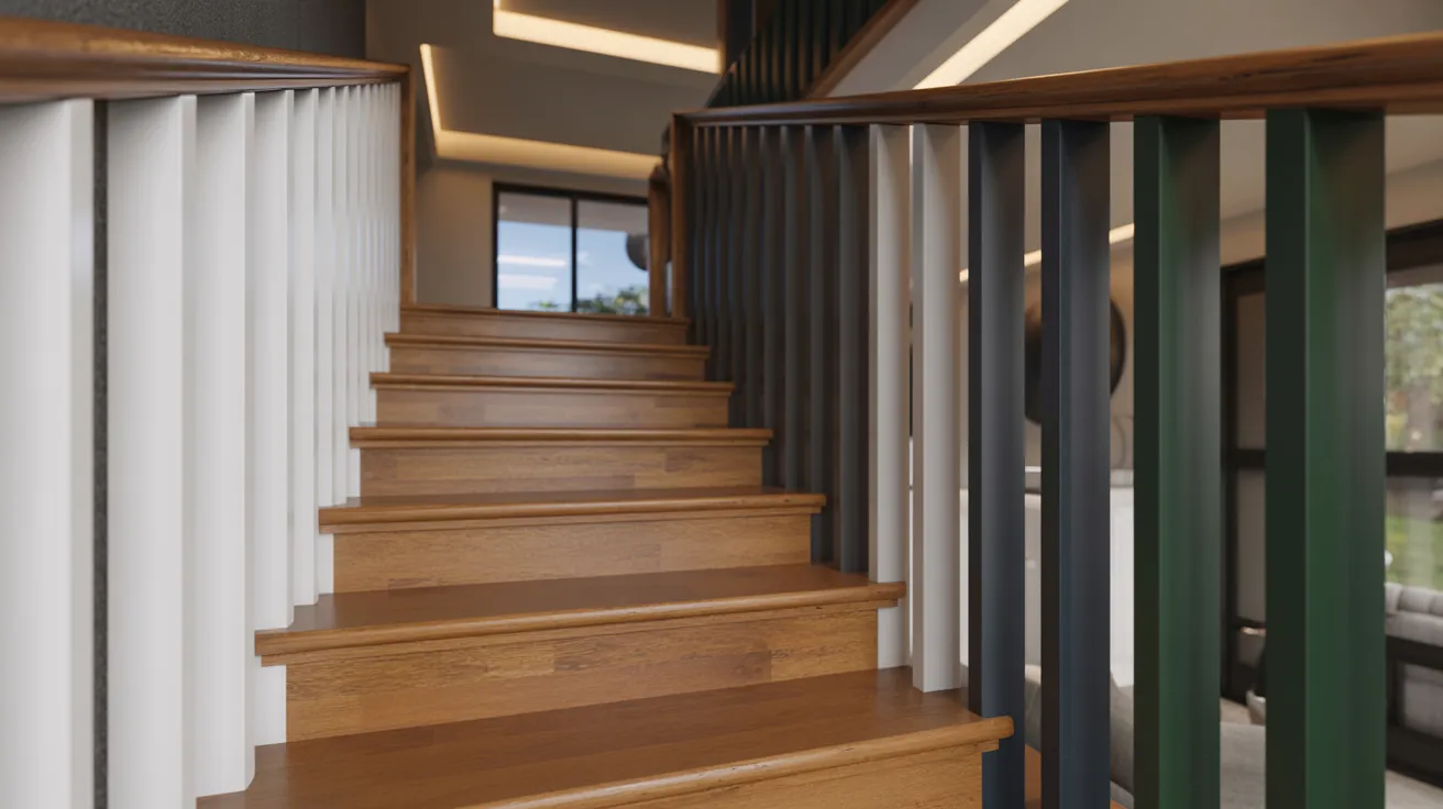 staircase interior showing multiple railing colors including white black grey navy green and wood tones with realistic lighting and modern home design.