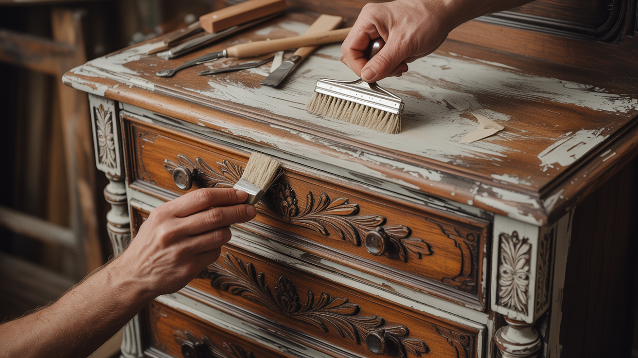 Carefully removing chalk paint from veneered furniture.