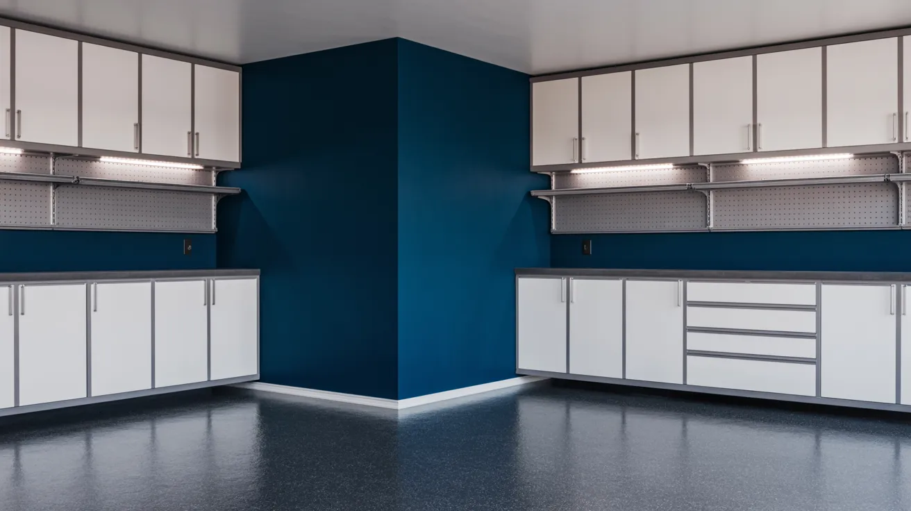 garage with navy blue wall adding bold stylish accent balanced with white storage and modern lighting.