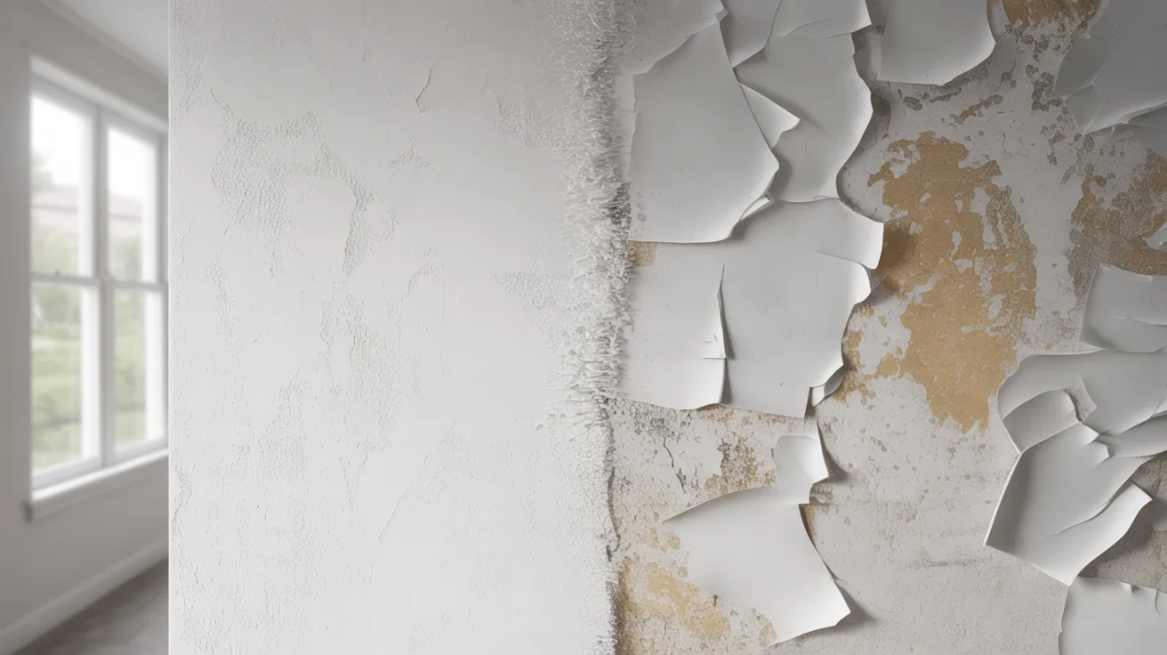 Wall showing fresh paint versus expired paint failure with peeling uneven finish and poor surface adhesion.