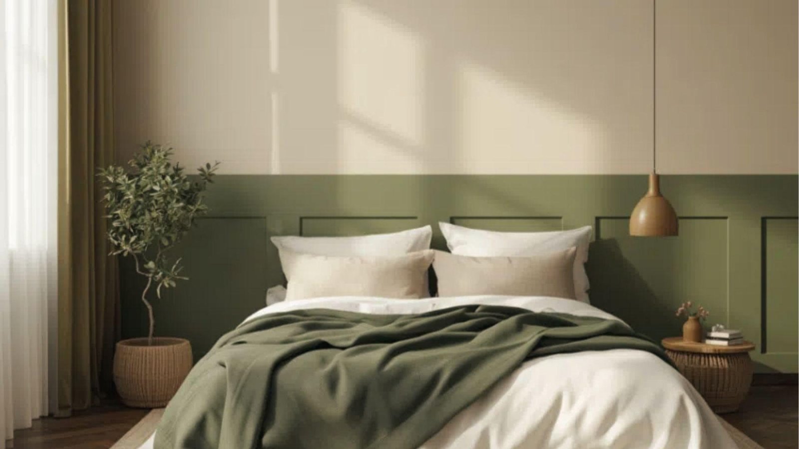 Calm bedroom with Emerald Green and White lower two tone paneling behind bed and wood decor.
