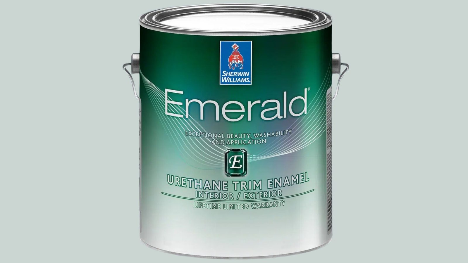 Sherwin Williams Emerald urethane trim enamel paint can for interior exterior trim offering washability and lifetime warranty