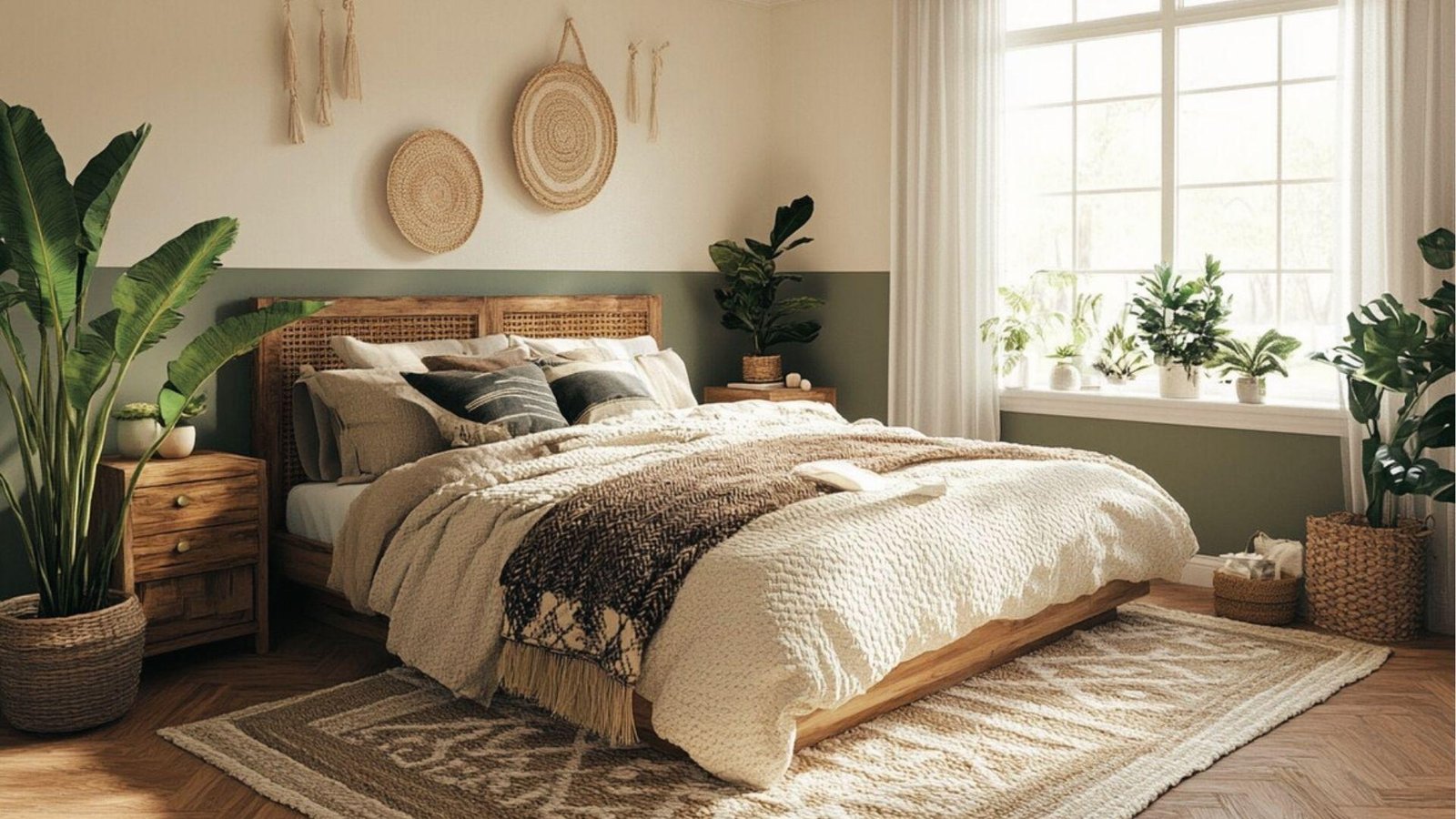 Boho bedroom with Forest Green and Cream lower two tone wall behind rattan bed and lush plants.