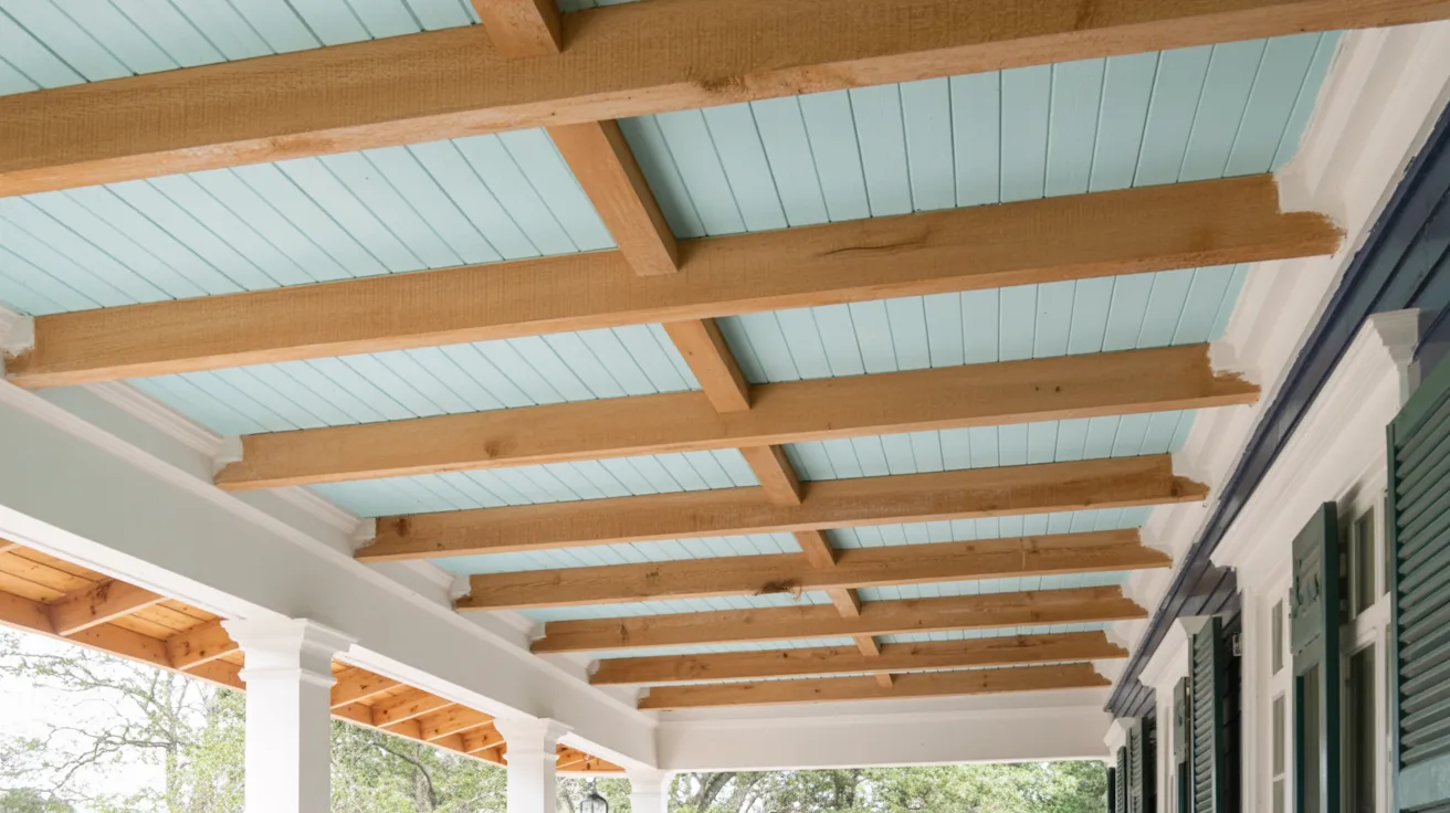 porch ceiling painted soft haint blue with blue green tones white trim and beams creating bright airy southern style outdoor space.